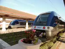 Hier stehen zwei Triebwagen des Types TER AGC im Bahnhof Trouville-Deauville im Sommer 2017 in der Normandie, sie besitzen eine gemütliche Innenausstattung mit weichen Sitzen und haben in allen Komfortklassen Trennwände die für eine ruhige Atmosphäre beihelfen außerdem gibt es  Sofas , Leselampen, und Klapptische in Sitzgruppen. Viele dieser Züge können sowohl mit Strom als auch mit Dieselantrieb fahren.
Foto von SignalGrün bzw. SignalGrün [Trainsptt] Fotos.