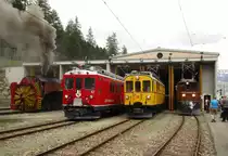10 Jahre UNESCO Welterbe 
RhB Bahnfestival am 9. unnd 10. Juni 2018 in Samedan und Pontresina: 
Bernina-Fahrzeugaufstellung vor dem Depot in Pontresina mit dem Bernina-Krokodil Ge 4/4 Nr. 182, RhB ABe 4/4 I Nr. 34, RhB ABe 4/4 II 47 und RhB Dampfschneeschleuder Xrotd Nr. 9213 