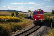 De 2143.56 der Neuen Landesbahn auf der Rückfahrt nach Wien Praterstern. Hier fährt der Zug gerade an einem Sonnenblumenfeld zwischen Weinsteig und Hetzmannsdorf vorbei. (01.07.2018)