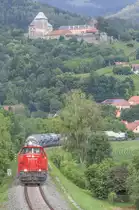 Die Paradestelle schlechthin im Netz der GKB . 
Die Burg zu Deutschlandsberg thront über der Stadt . 
7.07.2018