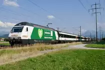 Re 460 001 mit 25 Jahre Coop Naturaplan Werbung am 1.7.18 mit einem IC nach Basel, am 1.7.18 bei Kiesen.
