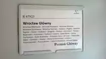 Zuglaufschild der R 67923 von Wroclaw nach Poznan, 26.05.2018