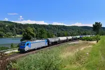 187 003 mit einem Kesselzug am 14.07.2018 bei Sandbach. 
