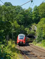 
Zwei gekoppelte Bombardier Talent 2 der DB Regio NRW durchfahren am 15.07.2018, als RE 9 - Rhein Sieg Express (RSX) Aachen - Köln - Siegen, den 32 m langen Mühlburg-Tunnel in Scheuerfeld (Sieg) und überqueren gleich hinter dem Tunnel auch die Sieg.