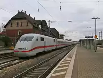 Ein Umleiter ICE der BR 401 in Fahrtrichtung Kassel. Aufgenommen am 23.04.2016 in Eichenberg.