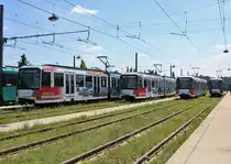 Alle Partnerstädte U-Bahn Werbewagen der VGF nebeneinander. Bombardier U5-25 Wagen 693,686,679 und 667 am 07.07.18 in Frankfurt am Main bei einer Besichtigung wo man sich frei auf abgesperrten Gelände aufhalten konnte
