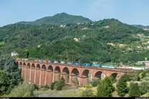 Eine unbekannte E.655 überquert am 2. Juli 2018 mit einem Containerzug die Ponte di Campomorone bei Pontedecimo.