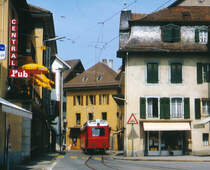 Bex-Villars-Bretaye BVB/TPC.
Regionalzug mit einem BDeh 2/4 21-26 anlässlich der Ortsdurchfahrt Bex als Strassenbahn im August 1993.
Foto: Walter Ruetsch