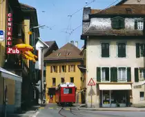 Bex-Villars-Bretaye BVB/TPC.
Regionalzug mit einem BDeh 2/4 21-26 anlässlich der Ortsdurchfahrt Bex als Strassenbahn im August 1993.
Foto: Walter Ruetsch