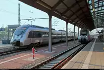 1442 103 (Bombardier Talent 2) der S-Bahn Mitteldeutschland (DB Regio Südost) als S 37315 (S3) nach Leipzig-Connewitz trifft auf 1442 ??? (MDSB II) als S 37814 (S8) nach Dessau Hbf in ihrem Startbahnhof Halle(Saale)Hbf in morgendlichem Licht.
Die Linie S3 fährt normalerweise die Gleise 1a und 1 an. Beide Züge starten zur selben Zeit.
[10.5.2018 | 6:51 Uhr]