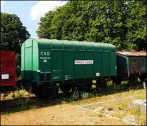 Historische ČSD Wagen der Kalibrier und Prüfstelle in Eisenbahn Museum Jaromer am 2. 8. 2018.