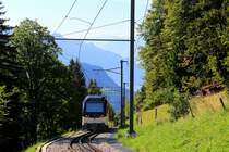 Abstieg mit Blick ins Rhonetal östlich des Genfersees. Triebwagen 7504 unterhalb Les Pléiades. 2.August 2018  