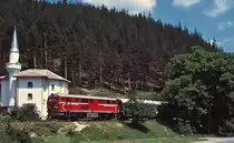 In den Rhodopen lebt die Volksgruppe der Pomaken. Dabei handelt es sich um Bulgaren, die zum Islam übergetreten sind. Bei Cerna Mesta passiert die 75 004-2 am 09.06.2003 eine Moschee.