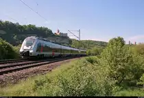 9442 802 (Bombardier Talent 2) von Abellio Rail Mitteldeutschland als SE 74529 (SE15) von Saalfeld(Saale) nach Leipzig Hbf fährt bei Saaleck auf der Bahnstrecke Halle–Bebra (KBS 580). Im Hintergrund die Rudelsburg und die Burg Saaleck zu sehen.
[10.5.2018 | 11:11 Uhr]