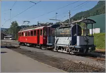 Nachdem der Dampfzug abgefahren ist warten der  Löschzug , bestehend aus dem Xe 2/2 N° 1, der jedoch entgegen seiner Bezeichnung nicht mehr motorisiert zu sein schient und der schiebende Bernina-Bahn ABe 4/4 N° 35 auf die Rückfahrt nach Chaulin.
1. Juli 2018 