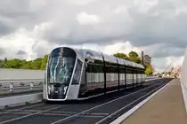 Ein LUXTRAM S.A. CAF Urbos auf dem Pont Grande-Duchesse Charlotte (Rout Br�ck) kurz nachdem er die neue Haltestelle Theater verlassen hat. 10.08.2018 (Hans)
