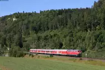 RE 3206 (Ulm Hbf-Donaueschingen) mit Schublok 218 443-0 bei Beuron 12.8.18