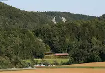 VT 43 und VT 42 als HzL87627 (Sigmaringen-Donaueschingen) bei Gutenstein 12.8.18
