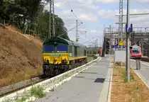 Die Class 66 266 031-4 von Railtraxx  kommt als Lokzug aus Köln-Eifeltor nach Aachen-West  und kommt aus Richtung Köln-Süd,Köln-West,Köln-Ehrenfeld,Kerpen,Horrem,Buir,Merzenich,Düren,Langerwehe,Eschweiler-Hbf und fährt durch den Stolberger-Hbf in Richtung Eilendorf,Aachen-Rothe Erde,Aachen-Hbf,Aachen-Schanz,Aachen-West. Aufgenommen vom Bahnsteig 1 in Stolberg-Hbf. 
Bei Sommerwetter am Nachmittag vom 11.8.2018. 
