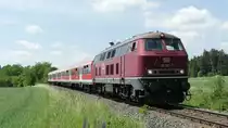 218 287 zieht 3 n-Wagen als RB42 nach Korbach entlang des Ortes Korbach-Lelbach
