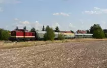 202 466 der SKL Umschlagservice setzte am 25.08.18 ihren Sonderzug vom Bahnsteiggleis auf das Ausweichgleis um. Hier schiebt sie den Sonderzug zurück.