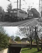 Die Güterzugstrecke Düsseldorf-Rath - Düsseldorf-Eller einst & jetzt: Die Strecke ist Bestandteil der Bahnverbindung von Duisburg-Wedau nach Köln-Mülheim und gehört bis heute zu den wichtigsten Güterverkehrsstrecken der DB. In Düsseldorf trennte sie bis zur Eröffnung des 2.053 m langen Staufenplatztunnels im Jahre 1982 die östlichen Stadtteile von der Innenstadt. Auf der oberen Aufnahme aus dem Jahre 1980 hat 140 598-4 gerade den berüchtigten Bahnübergang am Staufenplatz in Richtung Norden überquert. Die Schrankenwärter hatten hier immer gut zu tun, alle paar Minuten musste die Schranke geschlossen werden, dann stauten sich PKW und Straßenbahnen auf beiden Seiten des Bahnüberganges. Heute läuft der Verkehr mehr oder weniger flüssig, wie auf dem Bild aus dem Jahr 2010 erkennbar, und für Fussgänger oder Radfahrer steht eine Unterführung zu Verfügung.