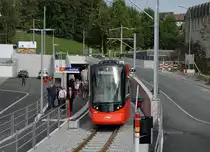 Der Ruckhalde-Tunnel ist eröffnet
Appenzeller Bahnen AB
Bilder vom grossen Eröffnungsfest,  Das Appenzellerland tanzt Tango , vom 6. Oktober 2018.
Der ABe 4/6 4002 auf der neuen Haltestelle St. Gallen Riethüsli.
Foto: Walter Ruetsch
