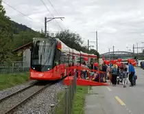 Der Ruckhalde-Tunnel ist eröffnet
Appenzeller Bahnen AB
Bilder vom grossen Eröffnungsfest,  Das Appenzellerland tanzt Tango , vom 6. Oktober 2018.
Der neue Triebzug ABe 4/6 beim Zwischenhalt auf der provisorischen Haltestelle beim Güterbahnhof St. Gallen.
Foto: Walter Ruetsch

