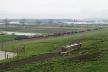 Zuckerrübenkampagne Aarberg 2010
HERBSTZEIT GLEICH RÜBENZEIT
Am 20. November 2010 schlängelte sich in der Gegend von Kerzers bei trübem Herbstwetter ein langer Rübenzug mit einer nicht erkennbaren Ae 6/6 in Richtung Payerne.
Foto: Walter Ruetsch 

