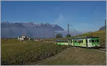 Der Klassiker: ASD mit dem Château d'Aigle, neuerdings mit dem Vorsignal von Aigle Dépôt. Der ASD BDe 4/4 ist mit dem Bt 434 als Regionalzug 430 von Les Diablerets nach Aigle unterwegs. 
26. Oktober 2018