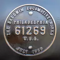 Hersteller-Schild der Lok #2 der Brecon Mountain Railway in Torpantau, Wales, 15.9.2016