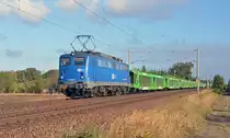 140 649 der EGP führte am 03.10.18 einen leeren Hödlmayr-Autozug durch Jeßnitz Richtung Bitterfeld.