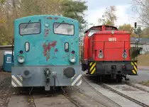 312 176-1+346 727-1(Lok 8)waren am 31.10.2018 vor dem Lokschuppen im Rostocker Fracht und Fischereihafen abgestellt. 