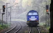 Ein Nachschuss von der V203 von der Rurtalbahn kommt als Lokzug aus Aachen-West(D) nach Düren(D)  und fuhr durch Aachen-Schanz in Richtung Aachen-Hbf,Aachen-Rothe-Erde,Eilendorf,Stolberg-Hbf(Rheinland),Eschweiler-Hbf,Langerwehe,Düren.
Aufgenommen vom Bahnsteig von Aachen-Schanz. 
Am Morgen vom 9.10.2018.