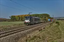 X4E -862 (193 862-0) ist am 10.10.2018 mit einen Containerzug bei Himmelstadt unterwegs.