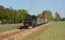 99 1574 hat mit ihrem Personenzug nach Kemmlitz Ort bereits das Örtchen Schweta hinter sich gellasen. Am 13.10.18 führte sie ihren Personenzug weiter nach Mügeln.