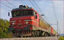 SŽ 363-006 zieht Containerzug an Črešnjevec vorbei Richtung Koper Hafen. /10.10.2018