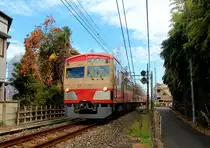 In den Vororten der Riesenstadt Tokyo: Seibu Konzern Zug 247/248 trägt zum 100jährigen Jubiläum der Seibu Tamagawa Linie den alten rosa/grauen Anstrich. Der Zug fährt an einem zerfallenden Haus vorbei, das von einem Baum voller Kaki-Früchten in Beschlag genommen wurde. 14.November 2018 
