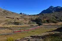 ABe 4/4 III 51 + ABe 4/4 III 56 mit BEX 974 am 21.10.2018 bei Bernina Lagalb.
