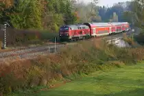 Kurz vor Aulendorf hat 218 427-3 mit dem RE 27676 von Lindau nach Laupheim West am 20.10.2018 den Schussentobel hinter sich gelassen und �berquert bei Kilometer 158.4 die Schussen zum siebten und letzten Mal