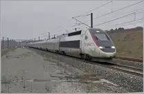 Der TGV Lyria 9206 von Zürich nach Paris Gare de Lyon, bestehend aus zwei Triebzügen, erreicht Belfort-Montbéliard TGV.

15. Dez. 2018 