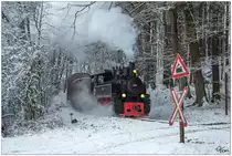 Achtung unbeschrankter Bahnübergang - Dampflok 764.411R der Stainzerbahn fährt mit einem Güterzug von Preding nach Stainz, aufgenommen in den Wäldern nahe Kraubath. 16.12.2018