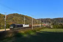 185 564 + 193 247 mit einem Holzzug am 14.10.2018 bei Wernstein am Inn. 