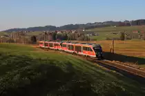 Zwei Desiros als Regionalbahn Augsburg Hbf - Füssen im warmen Abendlicht bei Füssen.

Füssen, 17. November 2018
