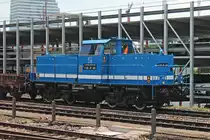 Lokportrait von Spitzke V100-SP-028 (214 018-4/ex. 212 157-2), welche am 02.06.2018 im südlcihen Vorfeld von Basel Bad Bf mit einem Bauzug stand.