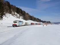 Die 285 103 mit einem umgeleiteten Containerzug am 19.01.2019 unterwegs bei Wiedemannsdorf.