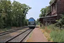 670 003-2  Fürstin Louise  der Dessauer Verkehrs- und Eisenbahngesellschaft (DVE) als DWE75711 nach Dessau Hbf steht in ihrem Startbahnhof Wörlitz.
[1.8.2018 | 14:53 Uhr]