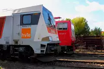 Eckige Köpfe.
Die Voith Maxima 40 CC der HVLE und die 155 159-7 der WFL beim 15. Eisenbahnfest am 15.09.2018 im Bw Schöneweide.
