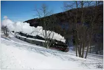 VIIk 99 1794 auf der Fahrt von Cranzahl nach Kurort Oberwiesenthal, hier entlang der Grenze zu Tschechien dem Pöhlbach. 
Unterwiesenthal 31.01.2019