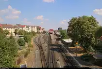 Blick auf die Anlagen des Bahnhofs Nordhausen Nord der Harzer Schmalspurbahnen GmbH (HSB).
Aufgenommen von der Brücke Bruno-Kunze-Straße.
[3.8.2018 | 15:54 Uhr]